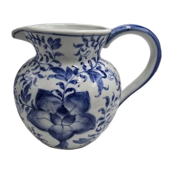 Vtg Andrea By Sadek Blue White Floral Pitcher 6.5"h Ceramic Porcelain Pottery - Picture 1 of 9